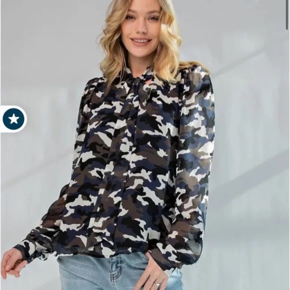 Easel Los Angeles Tops - New easel Boho LA Camouflage Printed Chiffon Blouse Top Shirt Neck Tie